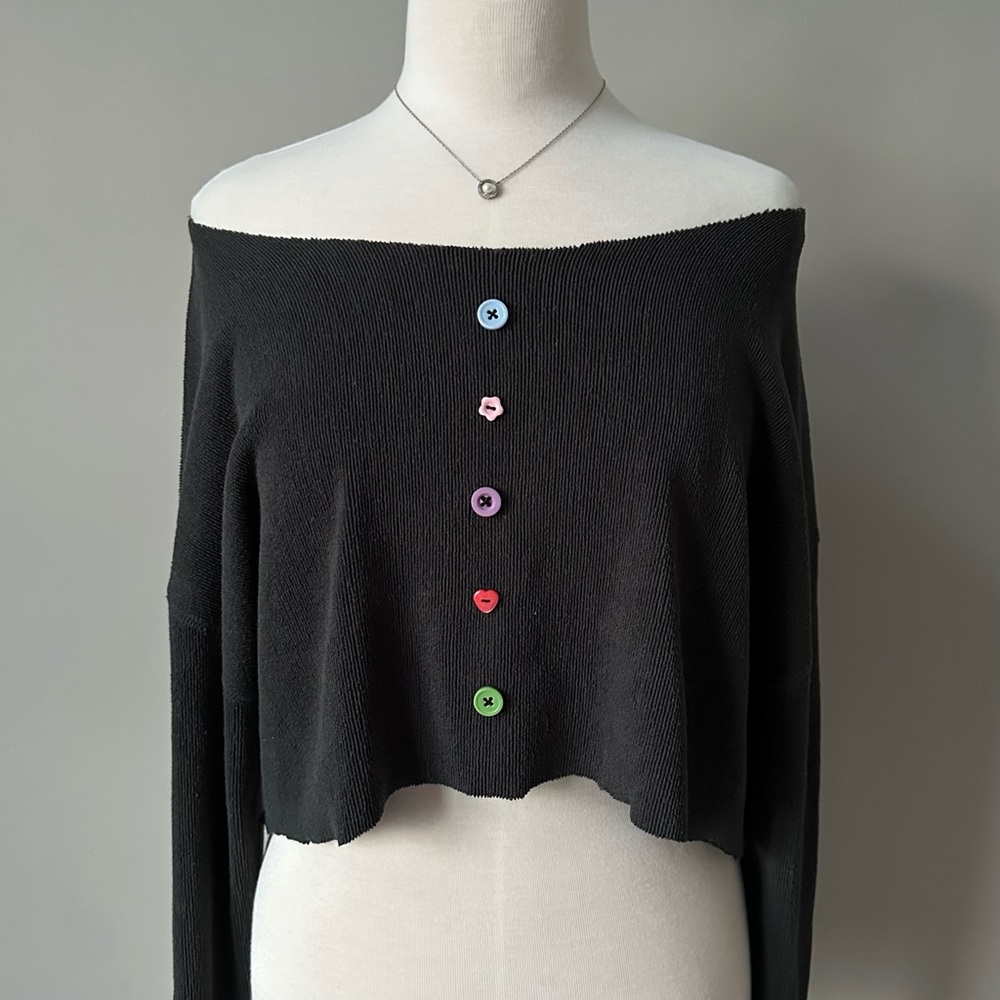 Women's Off-Shoulder Black Sweater with Colorful Buttons